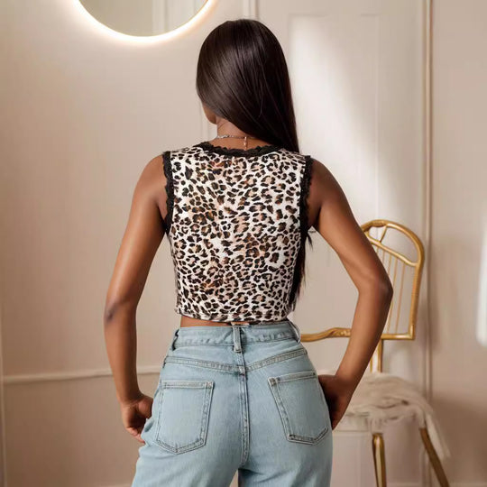 Damen Sexy Animal-Print Oberteil mit Spitzenakzenten und Schleifenbindung EB
