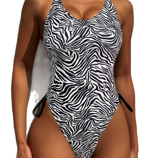 Damen Einteiler Badeanzug mit aufregendem Zebra-Design und hohem Beinausschnitt EB