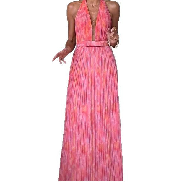 Damen Plissiertes Maxikleid mit tiefem Ausschnitt und elegantem Gürtel EB