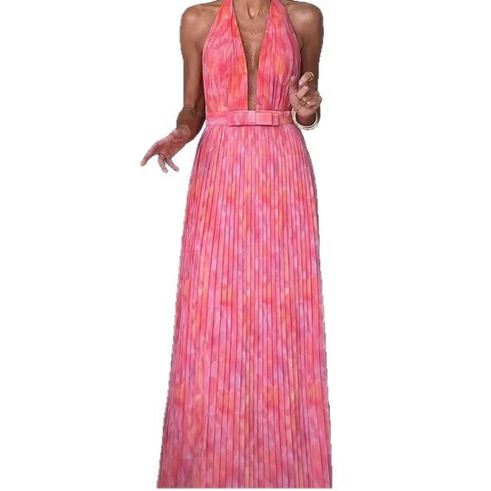 Damen Plissiertes Maxikleid mit tiefem Ausschnitt und elegantem Gürtel EB