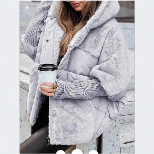 Damen Oversize Steppjacke mit Kunstfell und Kapuze EB