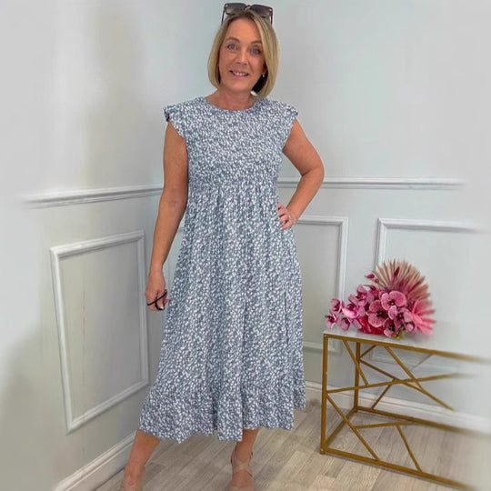 Damen luftiges Maxikleid mit Rüschen und floralem Design EB