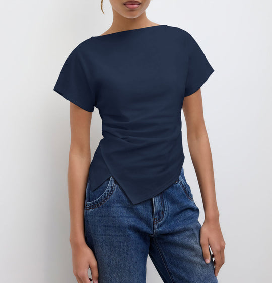Damen Cropped T-Shirt mit asymmetrischem Schnitt und dekorativem Drapierungseffekt EB