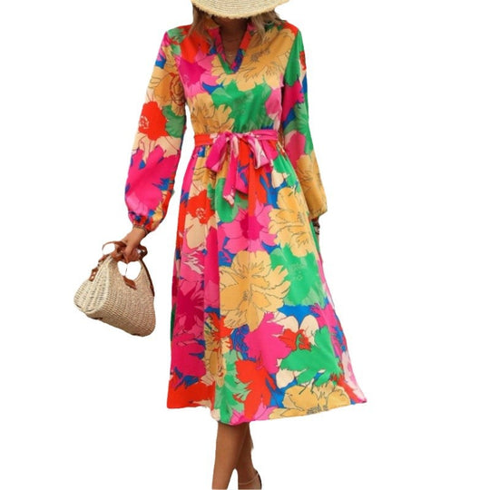 Damen Maxi-Kleid mit floralen Mustern und schwingendem Rock EB