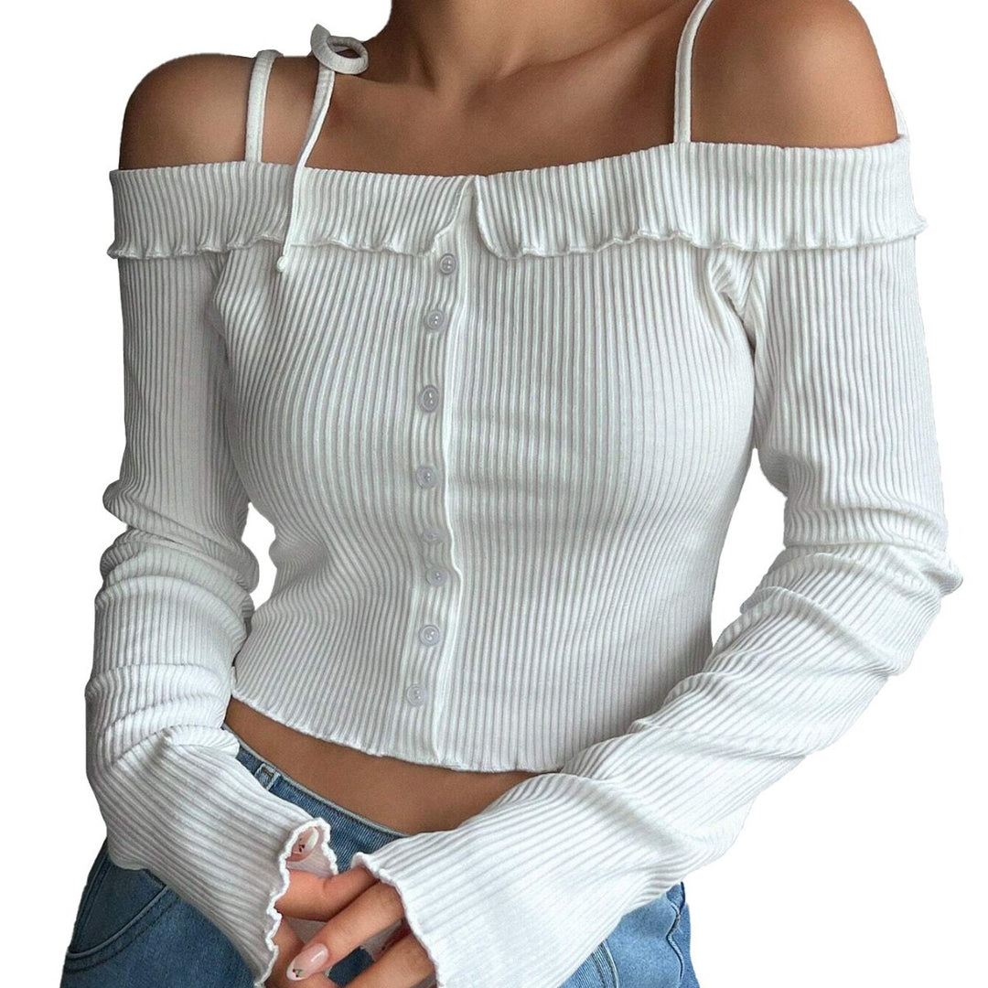 Damen geripptes schulterfreies Langarm-Cropped-Top mit Knopfleiste und Rüschensaum Eichborn Berlin