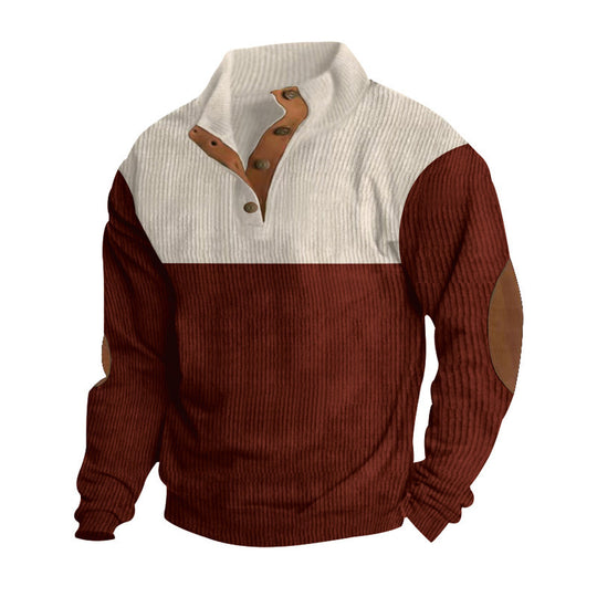 Herren nan grober Rippstrick-Pullover mit Stehkragen, Knopfleiste und markanten Ellenbogenpatches EB