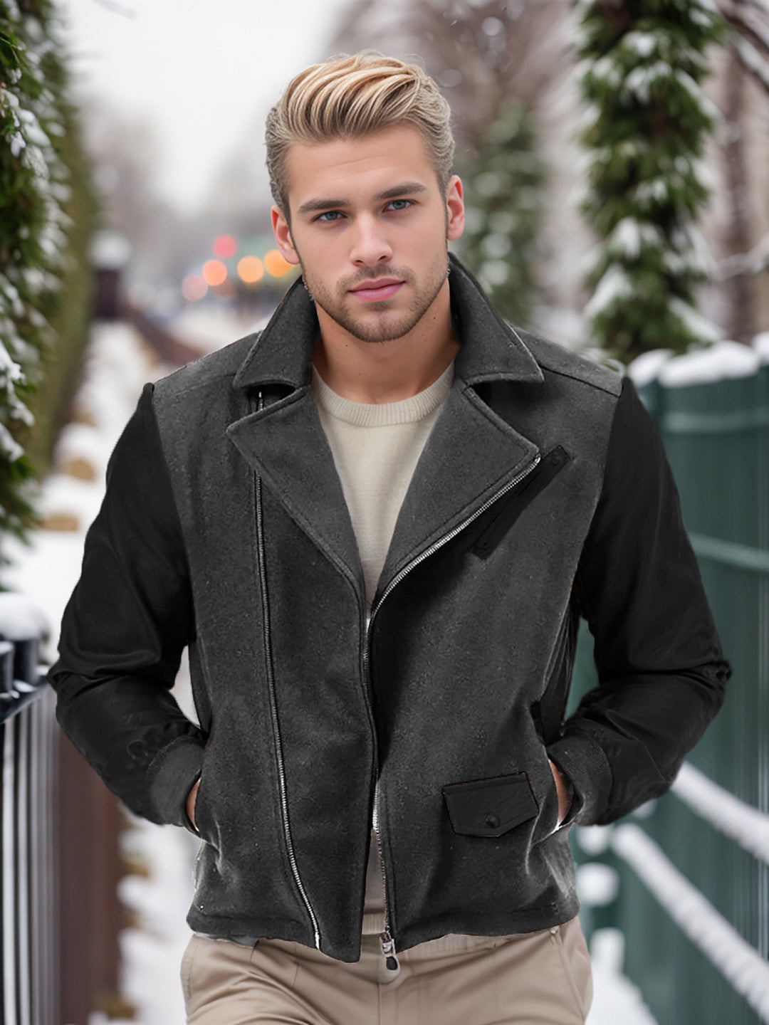 Herren modische Übergangsjacke mit kontrastierenden Ärmeln und praktischen Taschen EB