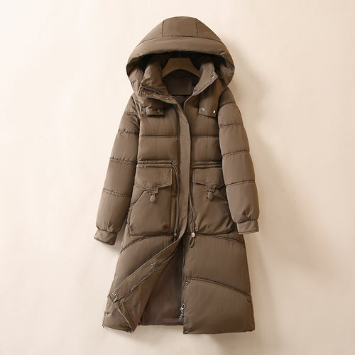 Damen Lange, warme Pufferjacke mit praktischen Taschen und Kapuze EB