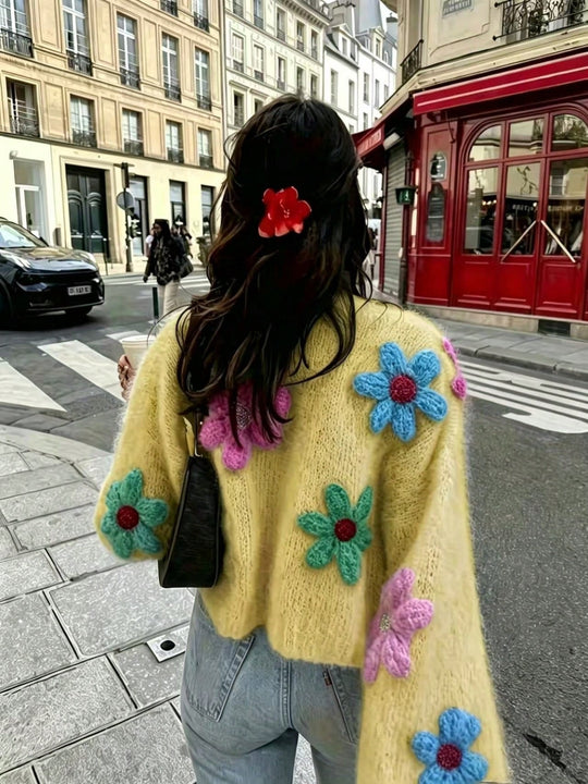 Damen Oversize Strickcardigan mit 3D‑Blütenapplikationen EB