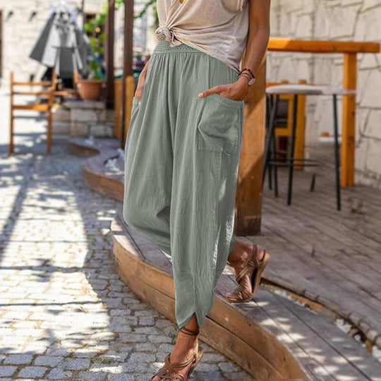 Damen nan lässige Haremshose mit elastischem Smockbund, aufgesetzten Taschen und gerafftem Knöchelabschluss EB