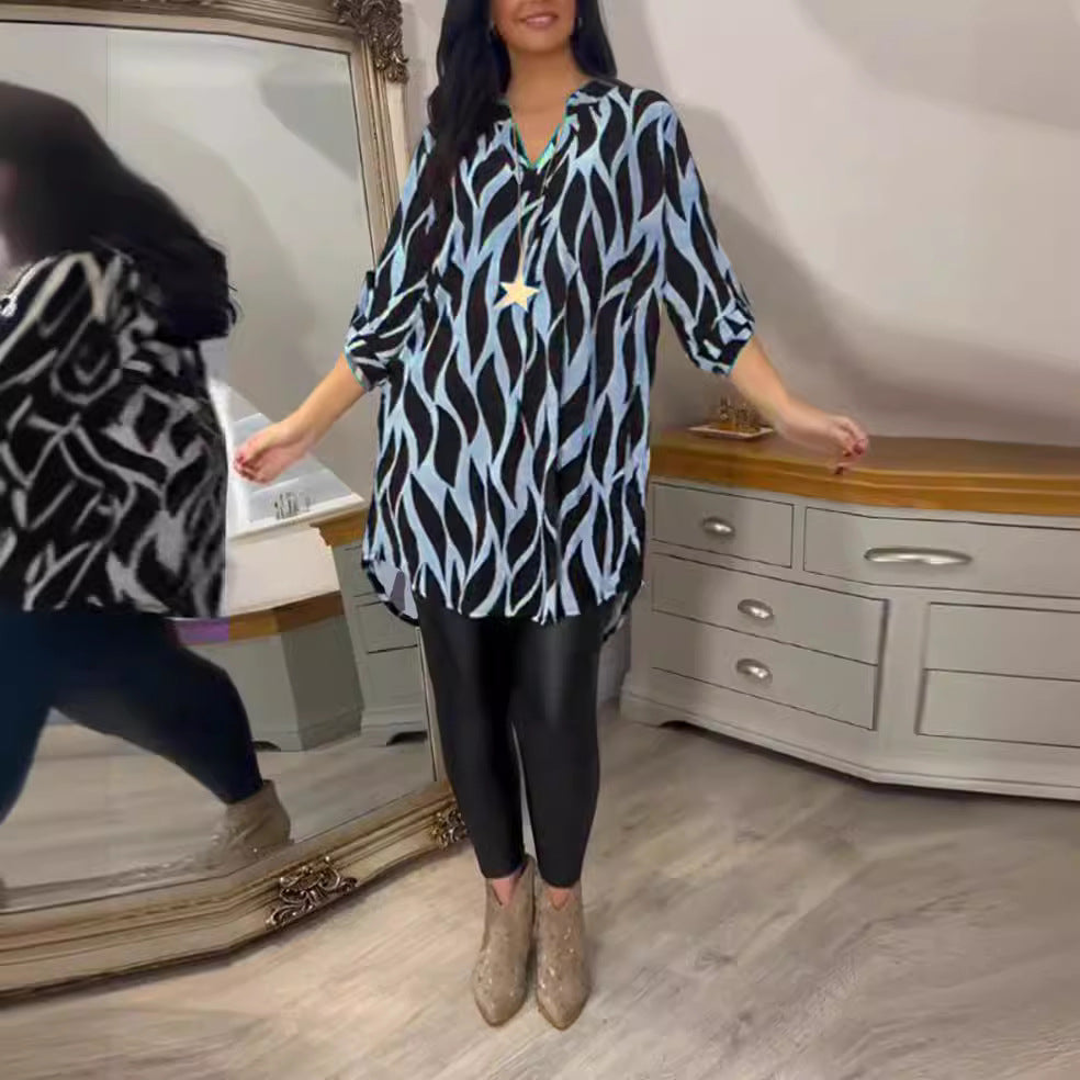 Damen lange Bluse im modernen Wellenmuster mit eleganten Details Heidi-Mode