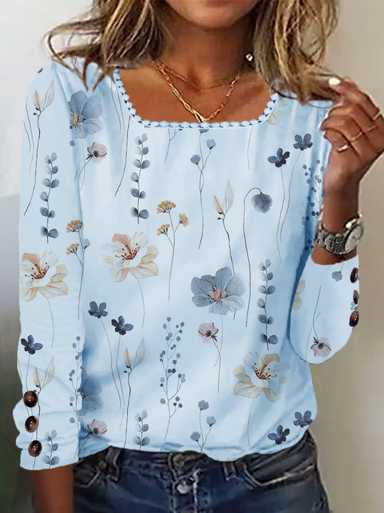 Damen Bluse mit floralem Druck und dekorativen Knopfdetails EB