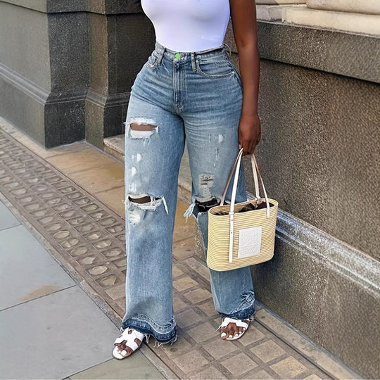Damen Hohe Taille Destroyed Jeans EB