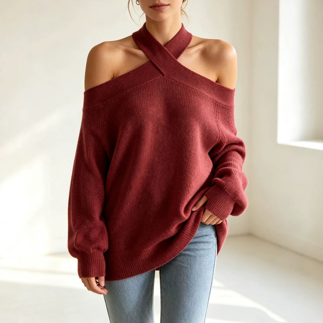 Damen Grobgestrickter schulterfreier Pullover mit überkreuztem Neckholder EB