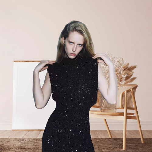 Damen Elegantes Cocktailkleid mit funkelndem Paillettendesign und hochgeschlossenem Stehkragen EB