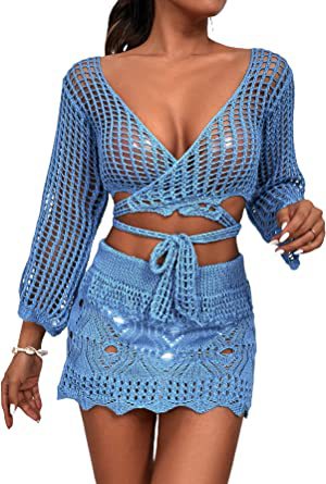 Damen gehäkeltes Crop-Top und Minirock-Set mit eleganten Binde-Details EB