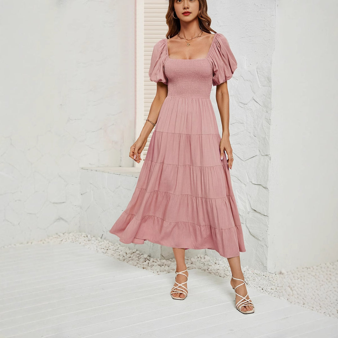 Damen Maxikleid mit Puffärmeln und elastischem Oberteil EB