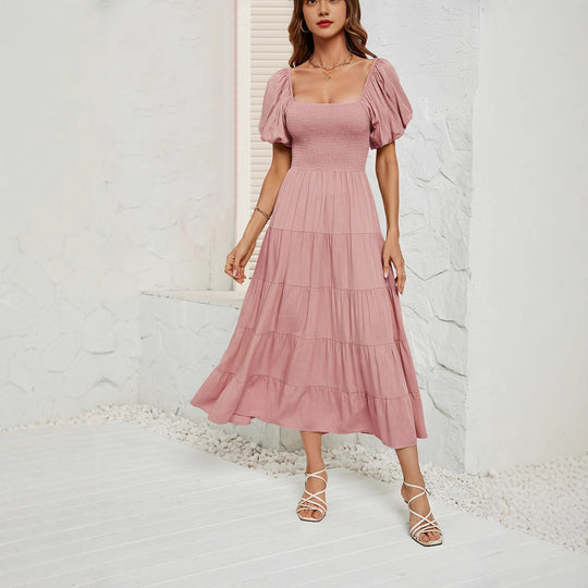 Damen Maxikleid mit Puffärmeln und elastischem Oberteil EB