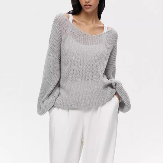 Damen lässiger Strickpullover mit weiten Ärmeln und tiefem V-Ausschnitt EB