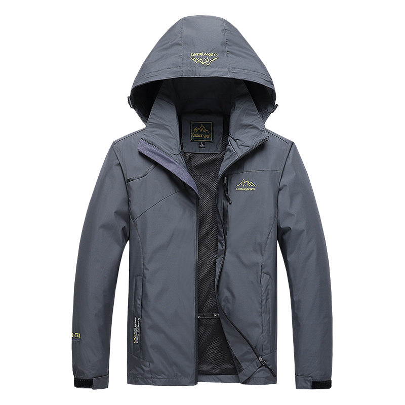 Herren atmungsaktive Softshell-Trekkingjacke mit verstaubarer Kapuze, Netzfutter und multifunktionalen Reißverschlusstaschen EB