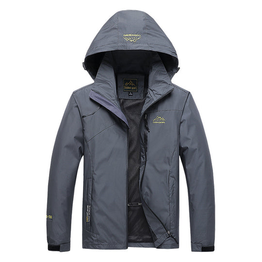 Herren atmungsaktive Softshell-Trekkingjacke mit verstaubarer Kapuze, Netzfutter und multifunktionalen Reißverschlusstaschen EB