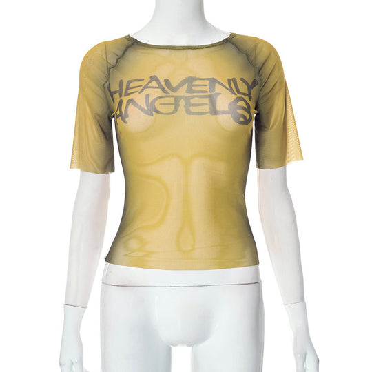 Damen transparentes Kurzarmshirt mit grafischem Schriftzug EB