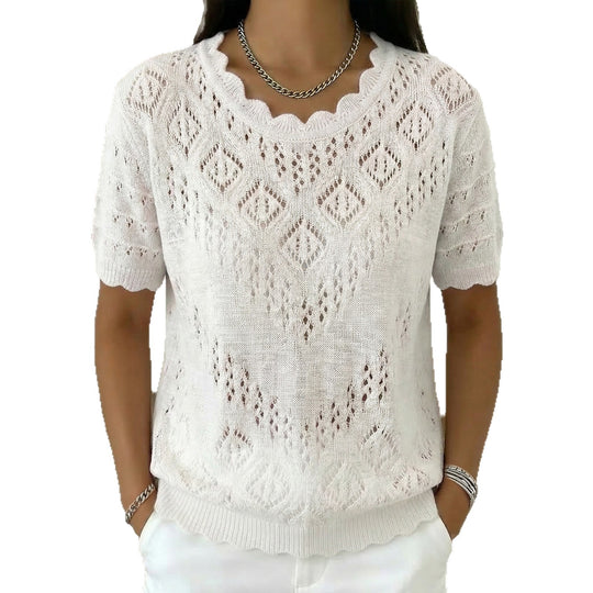 Damen nan kurzärmeliger Spitzenstrickpullover mit Ajourmuster und geschwungenem Ausschnitt EB