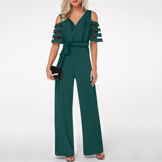 Damen Eleganter Jumpsuit mit transparenten Ärmel-Details und Taillengürtel EB