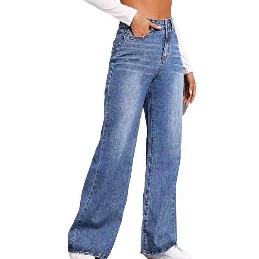 Damen nan hochgeschnittene weite Denim-Jeans mit extra weitem Bein und rohem Saum EB