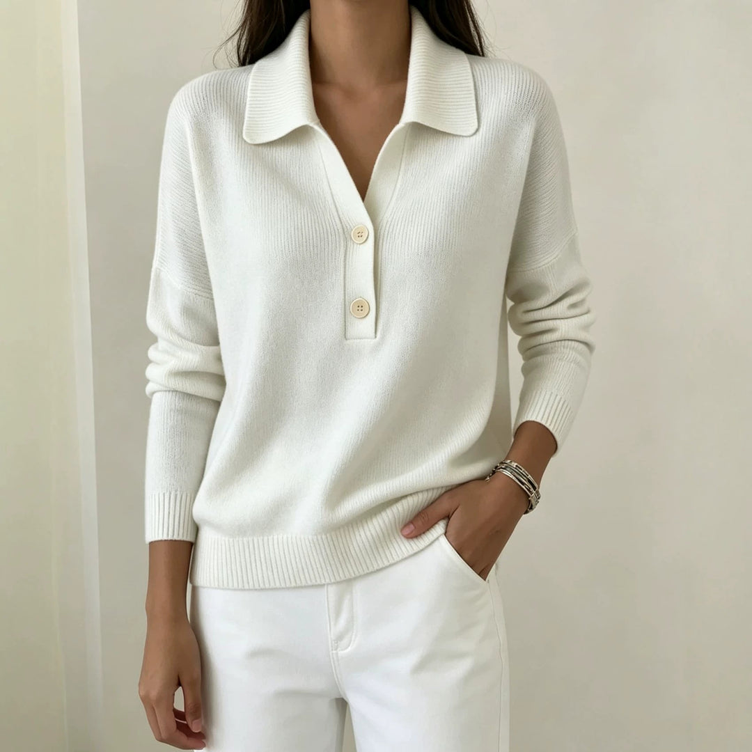 Damen Polokragen-Pullover mit halber Knopfleiste und geripptem Saum EB