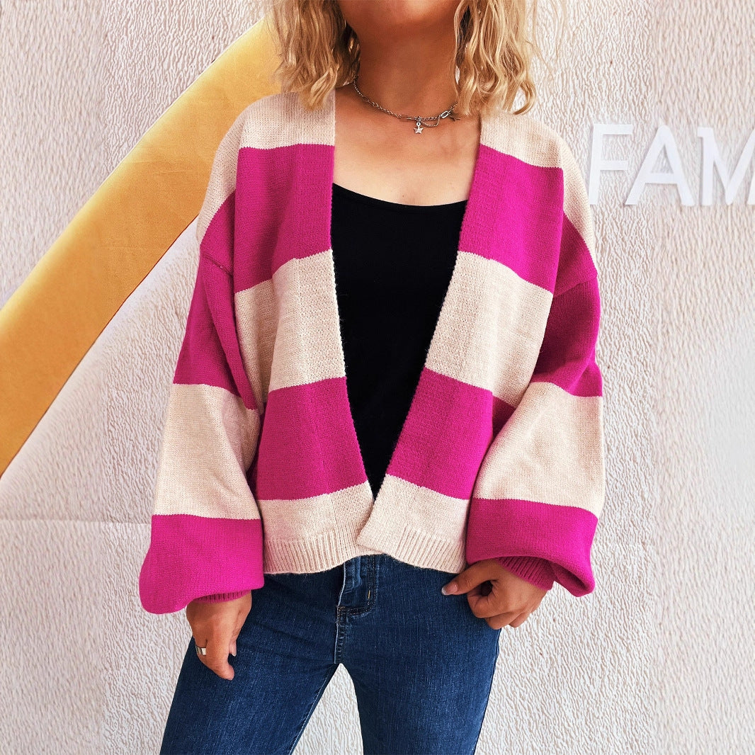 Damen lässige Strickjacke mit breitem Streifenmuster und extra weitem Schnitt EB