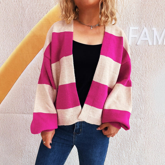 Damen lässige Strickjacke mit breitem Streifenmuster und extra weitem Schnitt EB