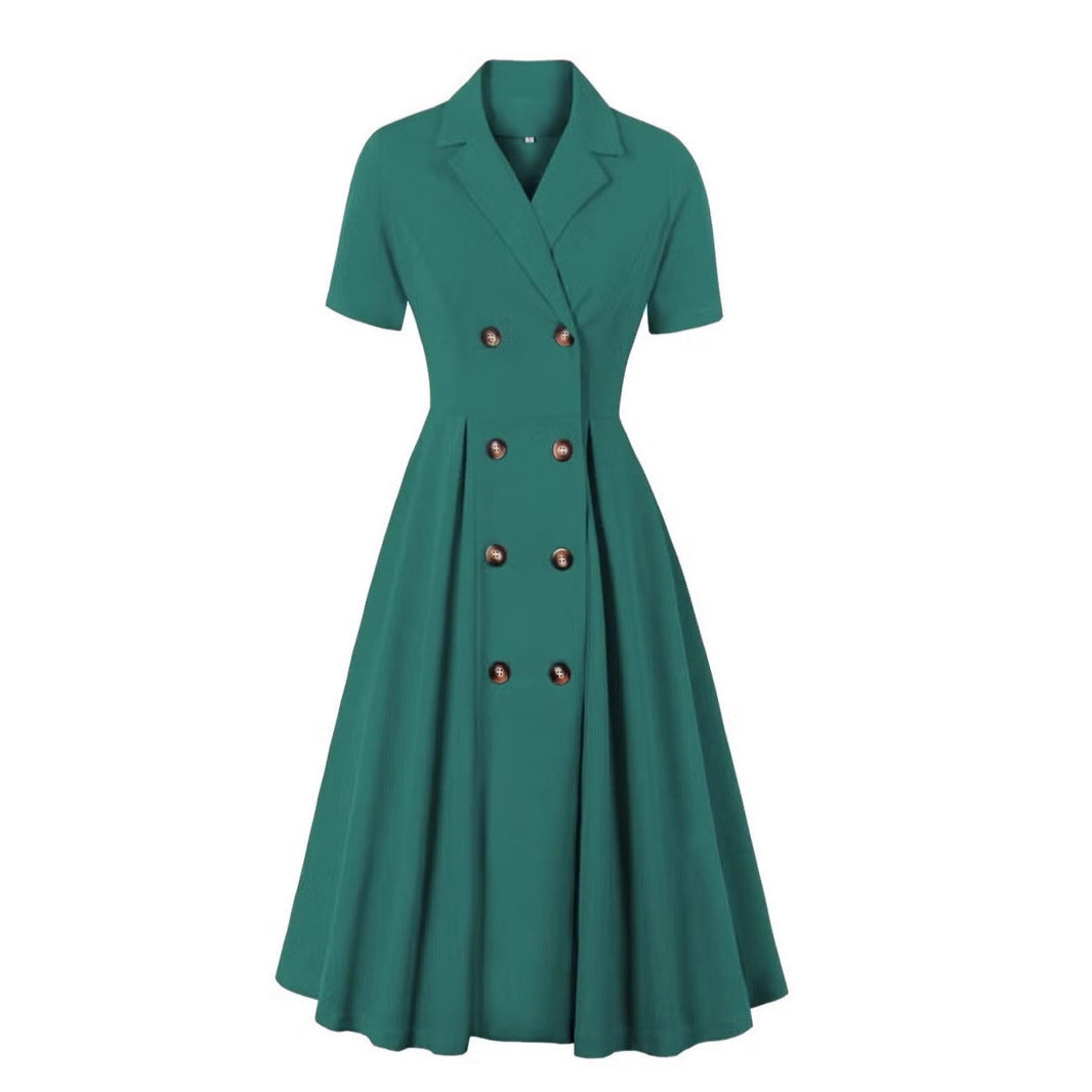 Damen elegantes Midikleid mit doppelter Knopfleiste und schwingendem Rock EB