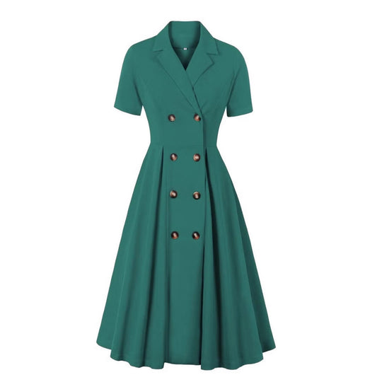 Damen elegantes Midikleid mit doppelter Knopfleiste und schwingendem Rock EB