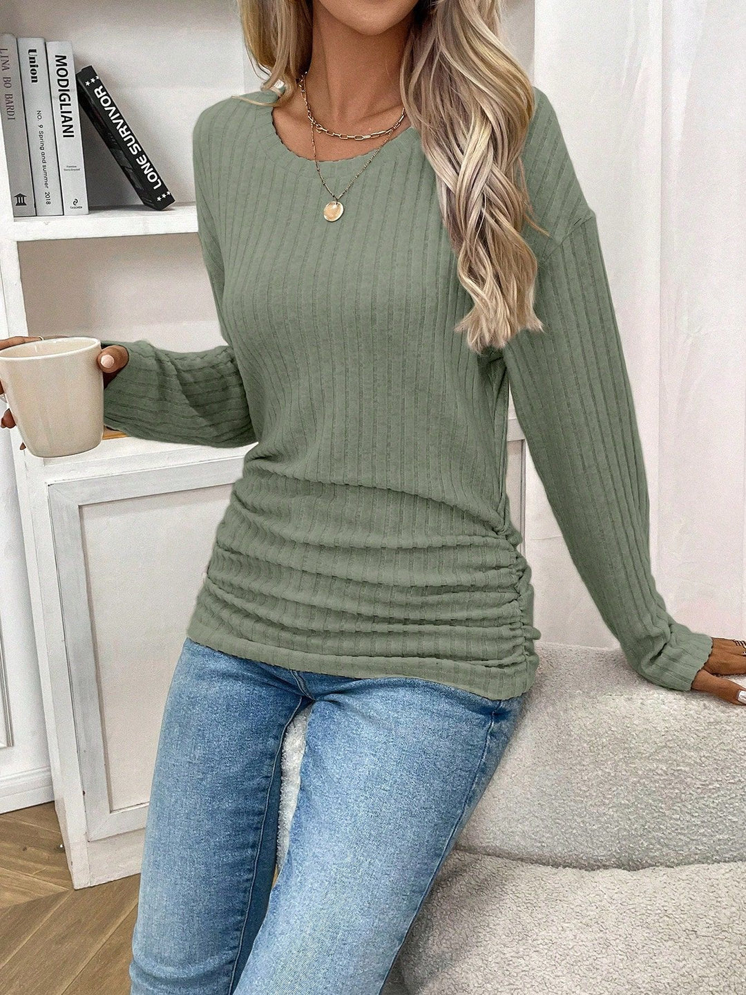 Damen Langärmliger Ripp-Pullover mit V-Ausschnitt und lässigem Schnitt EB