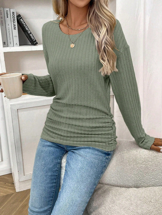 Damen Langärmliger Ripp-Pullover mit V-Ausschnitt und lässigem Schnitt EB