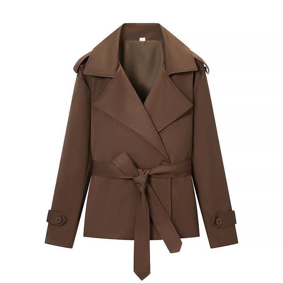 Damen nan kurze Trenchcoat Jacke mit Taillengürtel breitem Revers und dekorativen Schulterklappen EB