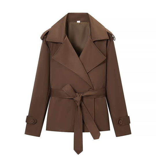 Damen nan kurze Trenchcoat Jacke mit Taillengürtel breitem Revers und dekorativen Schulterklappen EB