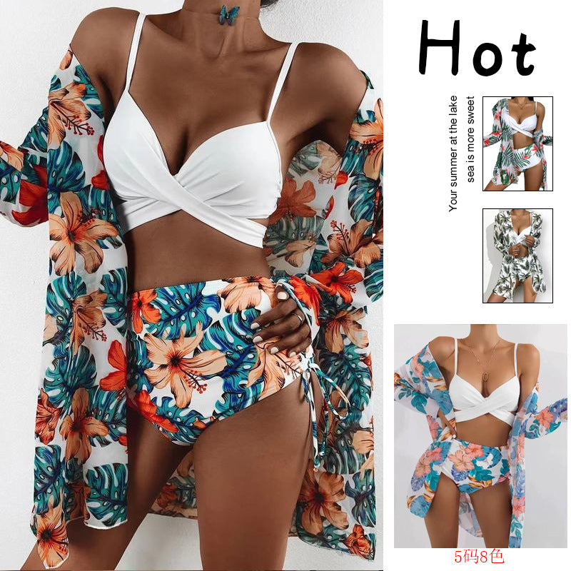 Damen Bikiniset mit floralem Kimono und hoch geschnittenem Oberteil EB