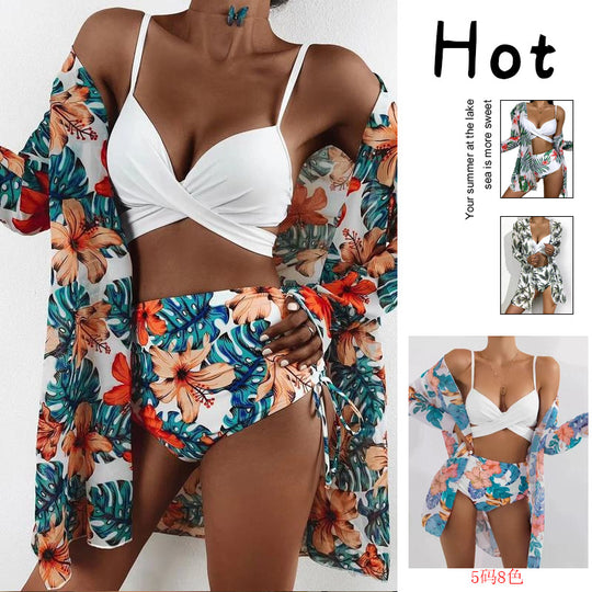 Damen Bikiniset mit floralem Kimono und hoch geschnittenem Oberteil EB