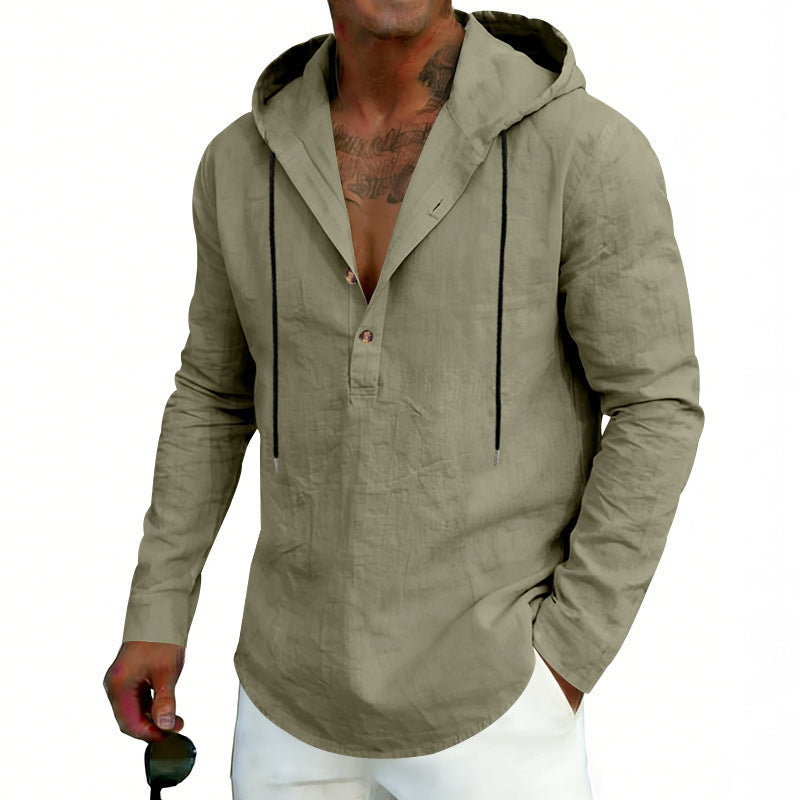 Herren nan Leinen-Henley-Kapuzenhemd mit kurzer Knopfleiste, Kapuze und relaxtem Schnitt EB