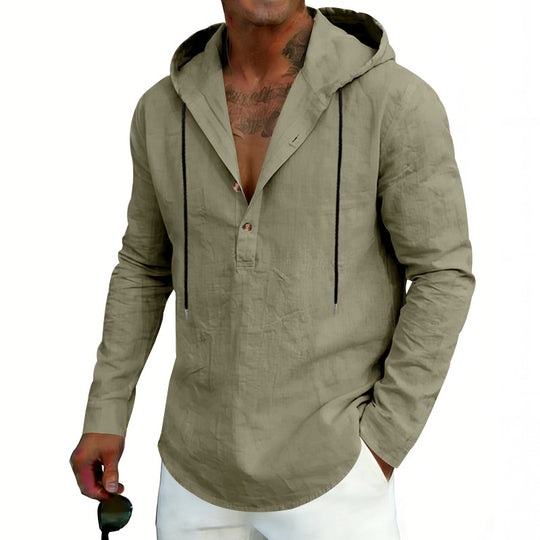 Herren nan Leinen-Henley-Kapuzenhemd mit kurzer Knopfleiste, Kapuze und relaxtem Schnitt EB