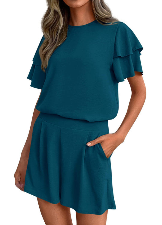 Damen Verspieltes Jumpsuit mit Rüschendetails und seitlichen Taschen EB