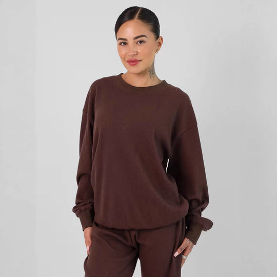 Damen geräumiges Waffelstrick-Loungewear-Set mit Rundhalsausschnitt und Tunnelzughose Eichborn Berlin