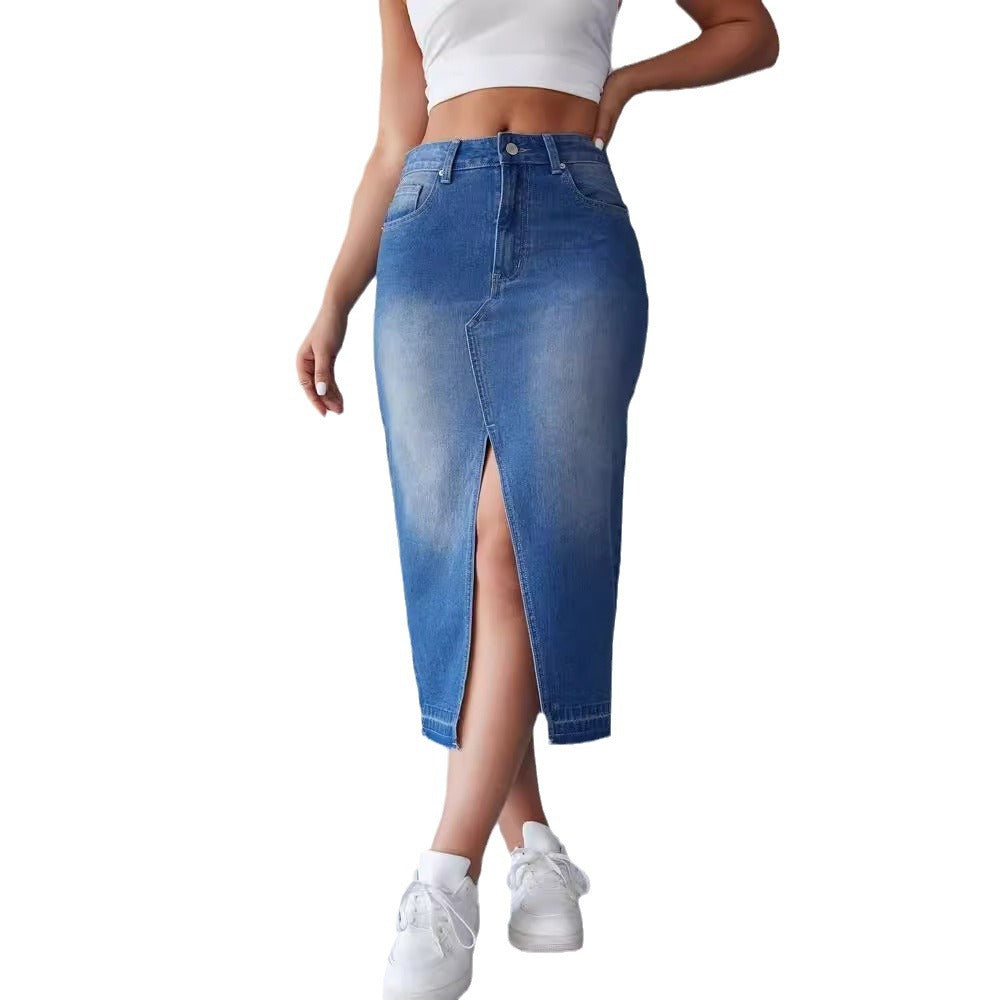 Damen Denim-Midirock mit hohem Schlitz und tailliertem Schnitt EB