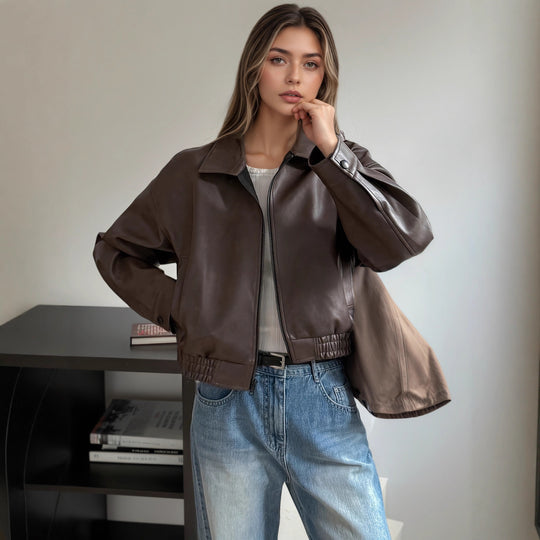 Damen Oversize Kunstlederjacke im modernen Look mit praktischem Reißverschluss und elastischem Bund EB