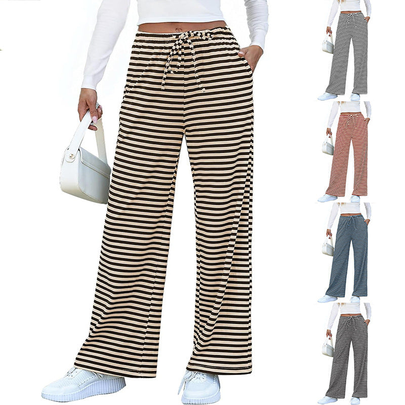 Damen weite Streifenhose mit elastischem Bund und Kordelzug EB