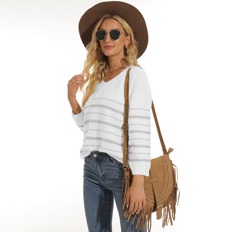 Damen lässiger Pullover mit modernem Streifenmuster und V-Ausschnitt EB