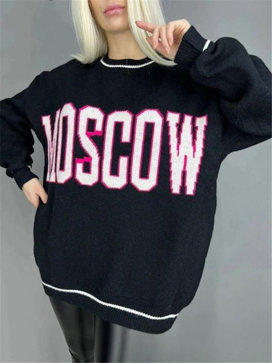 Damen Strickpullover mit grafischem Schriftzug und lässiger Silhouette EB