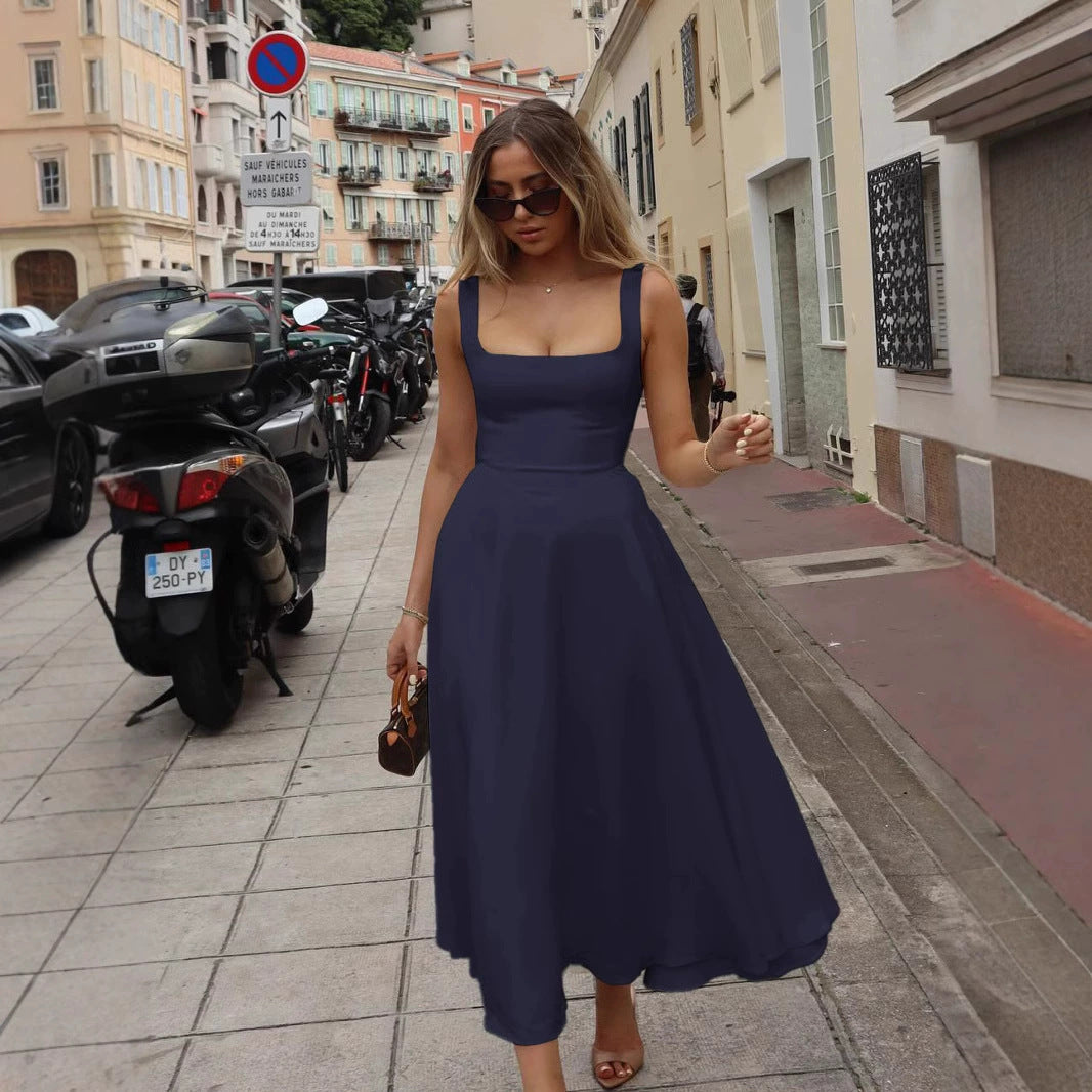 Damen Elegantes Maxikleid mit quadratischem Ausschnitt und fließendem Rock EB